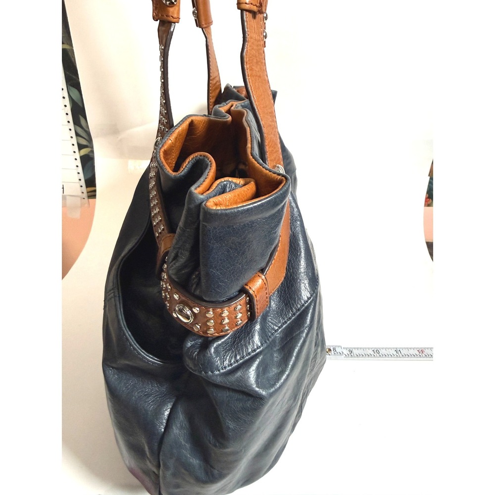Boho Indie Grunge Navy Blue Leather Studded Hobo Shoulder Bag Large Oversized - Picture 9 of 16